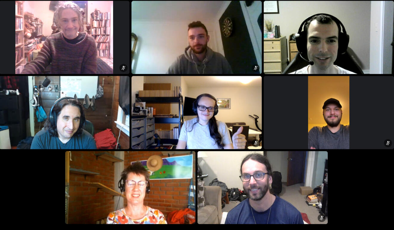 Several people smiling on a previous quest party video call